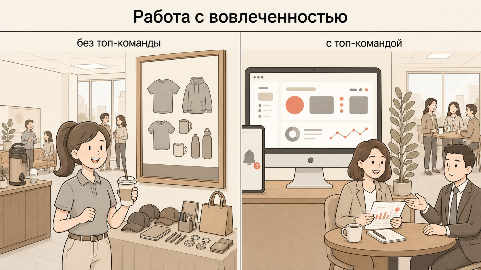 Роль топ-команды в управлении вовлеченностью сотрудников. Мерч, мероприятия и бонусы могут поддерживать атмосферу, но не заменя обратную связь и поддержку от руководителя